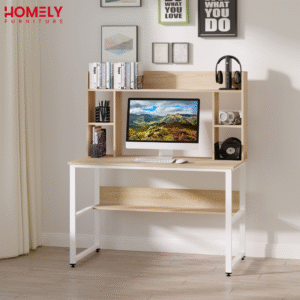 Homely LoftEdge Desk showing a sleek industrial design with a rustic wooden top and durable black metal frame, set up as a modern computer desk and office desk equipped with a laptop, monitor, and keyboard to showcase the spacious work surface.