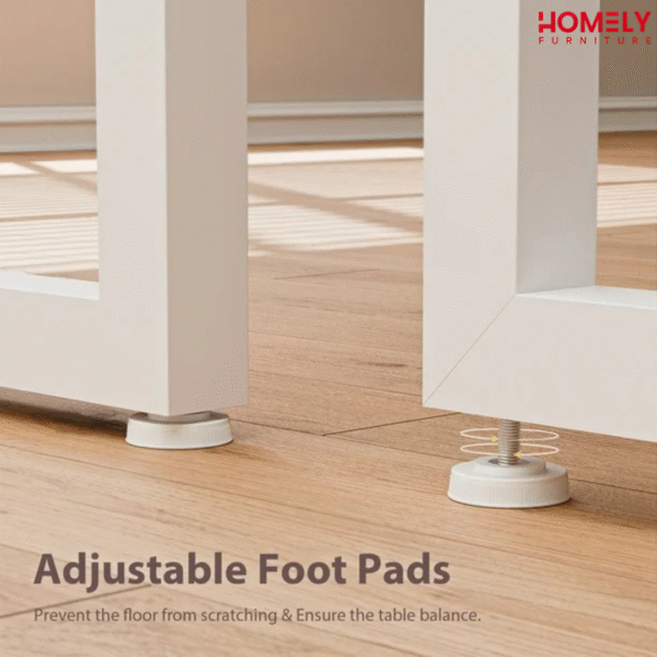 A modern workstation setup featuring the Homely SunGlow Desk with a sleek white powder-coated metal base and ample legroom. The 30-inch high wooden desk surface is paired with tall overhead shelves, showcasing a minimalist design that maximizes vertical storage space in compact studios or bedrooms.