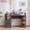 Homely SmartSpace Study Table in Walnut and Grey with drawers, stepped hutch, and open side shelves holding a laptop and accessories