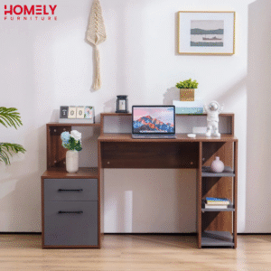 Homely SmartSpace Study Table Homely SmartSpace Study Table in Walnut and Grey with drawers, stepped hutch, and open side shelves holding a laptop and accessories